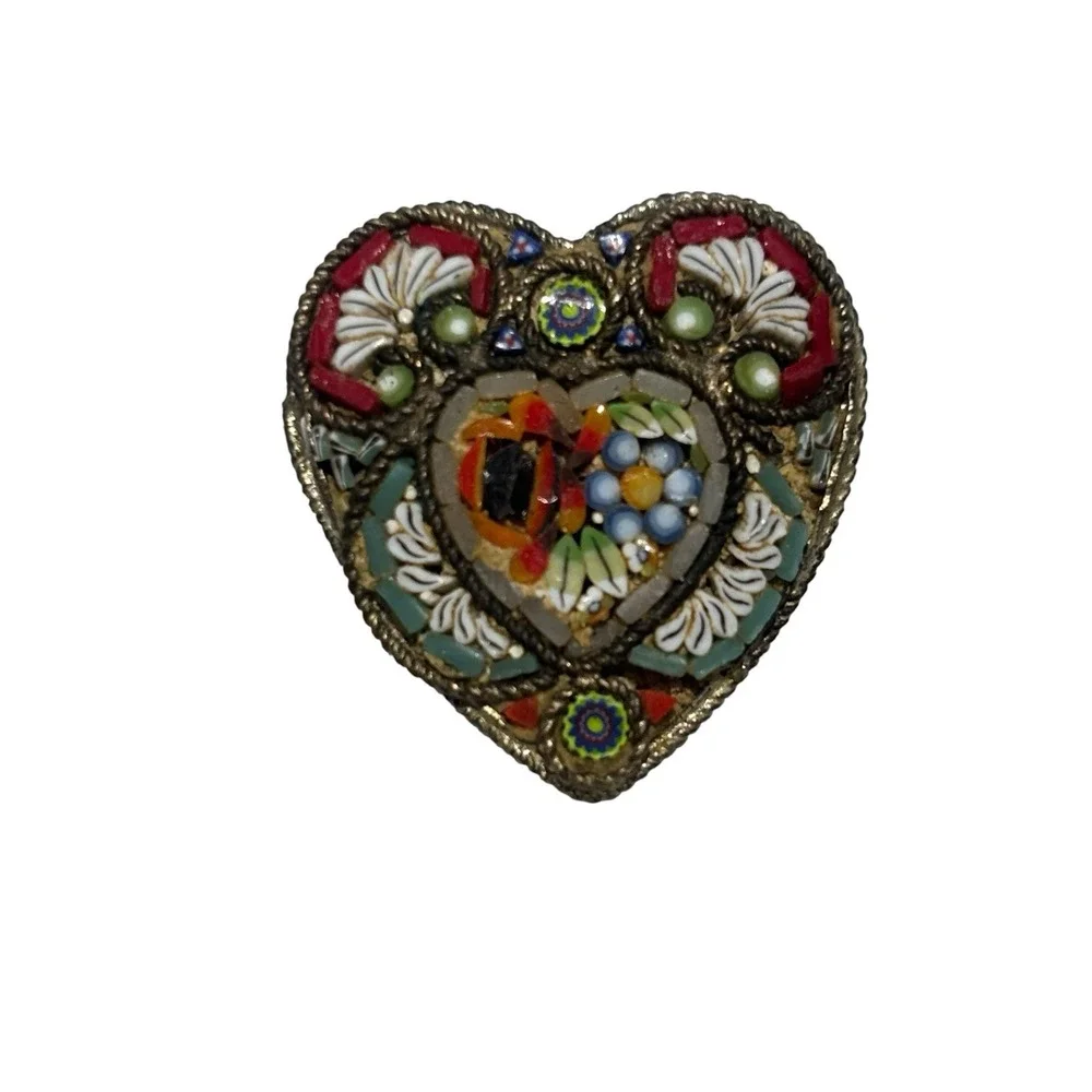 Vintage Italy Gold Tone Intricate Colorful Micro Mosaic Heart Love Brooch Pin